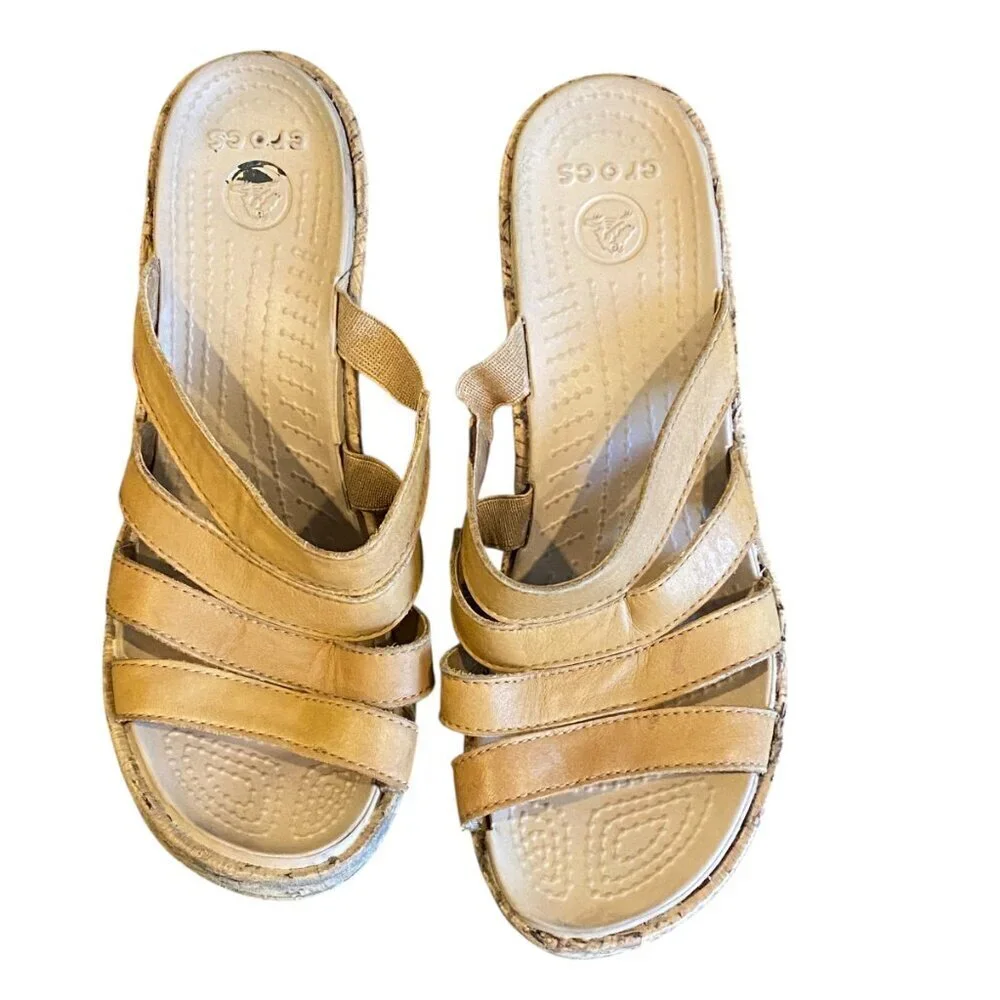 Crocs Aleigh Cork Wedge Sandals Sz 6 Tan #236H‎